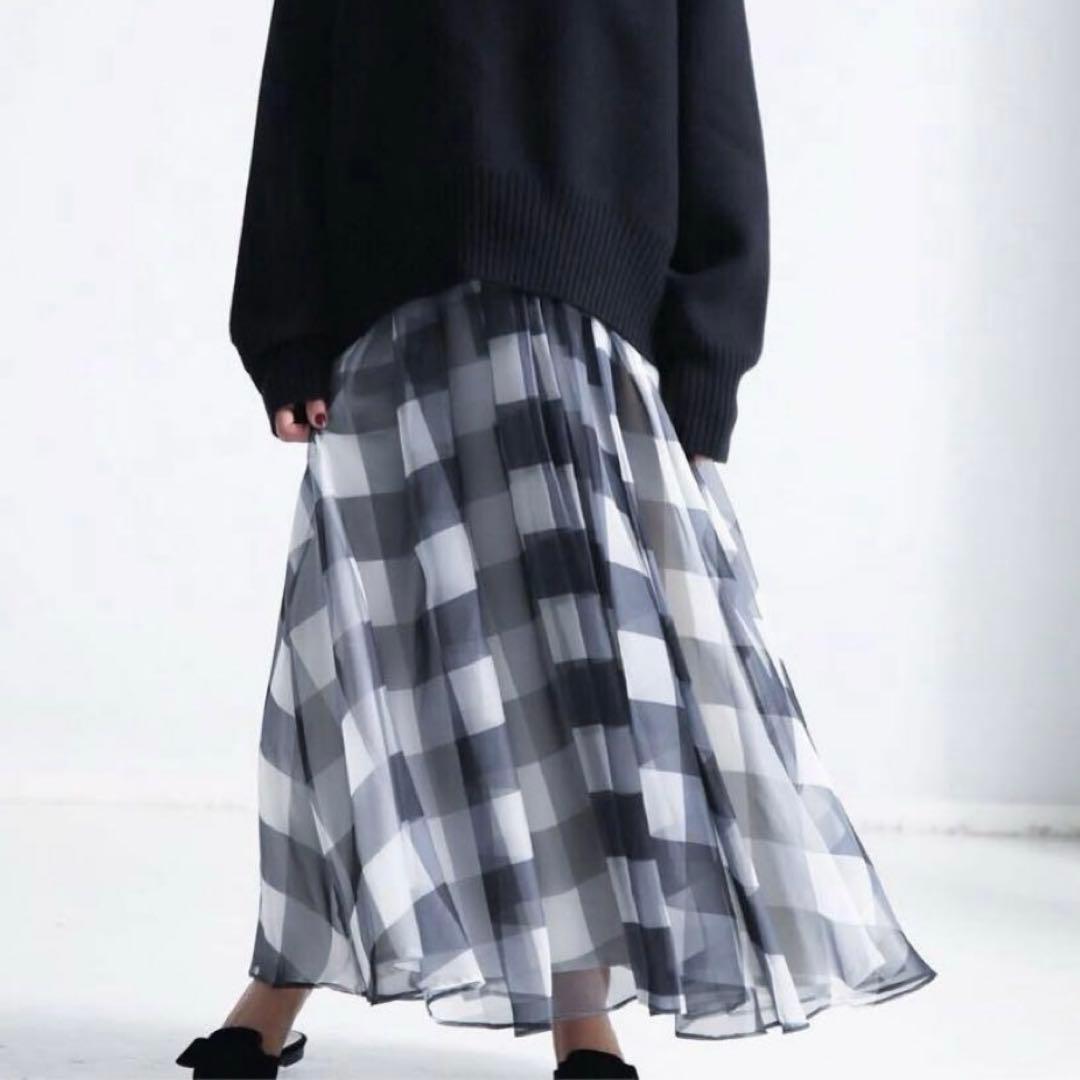 人気✨シートーキョー　シアースカート　ベルベットシフォンチェックモノトーンフレア