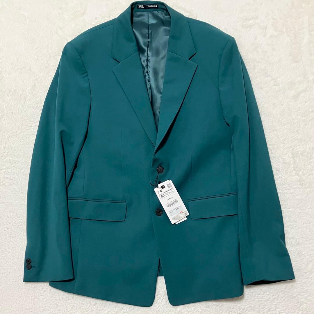新品同様 タグ付 ZARA カラー テーラード ジャケット XL グリーン 緑