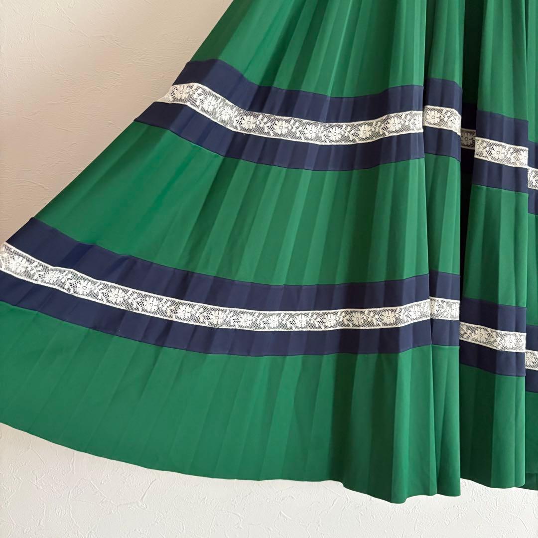 VALENTINO プリーツ ロングスカート レース マキシ丈 グリーン L