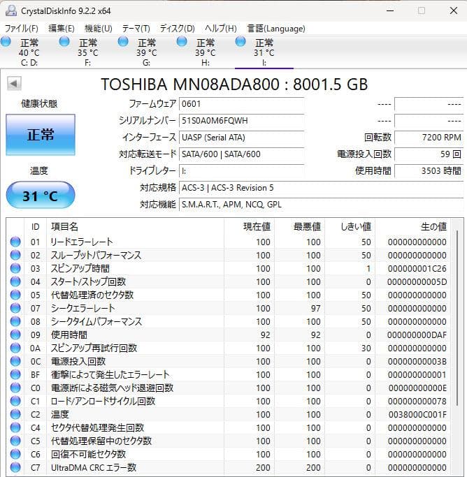TOSHIBA MN08ADA800 8TB 内蔵型HDD