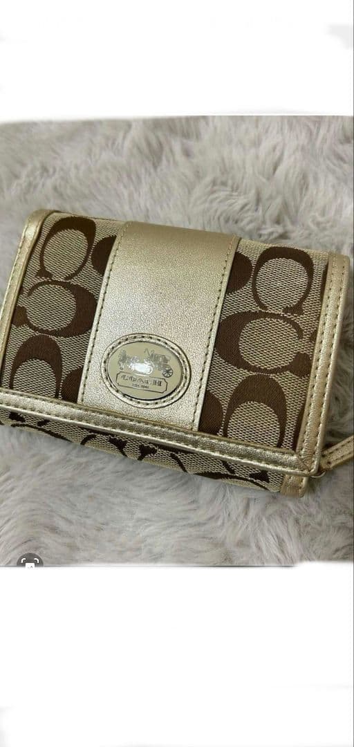 [美品]COACH 折り財布 シグネチャー柄 カーキ×ゴールド L字ファスナー