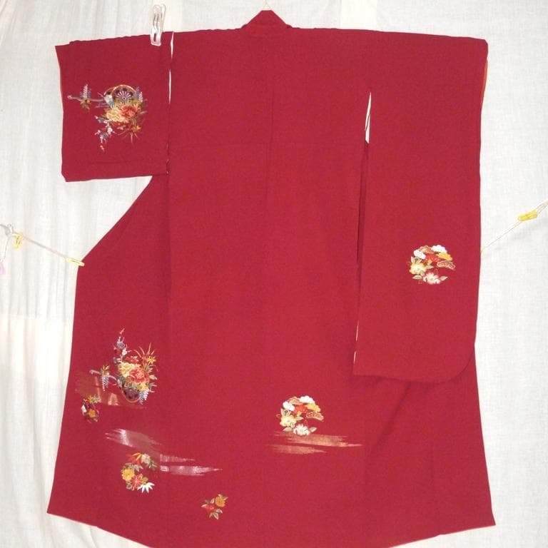 ア*カ様 朱色刺繍御所車牡丹 絹 身丈約157㎝強裄約66㎝ 超美品並6点セット