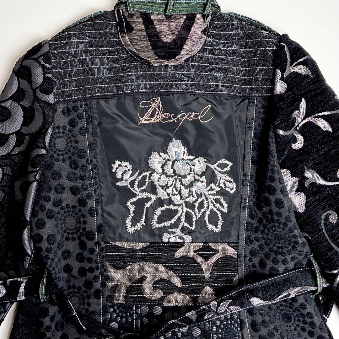【美品】デシグアル/総柄刺繍スタンドカラーコート/異素材切り替え/ダブルジップ