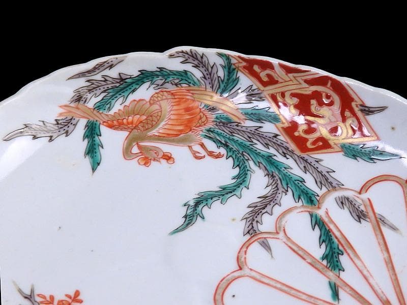 古伊万里　金襴手　陽刻　桐に鳳凰　菊の図　楕円長皿　F054AS-fbvo