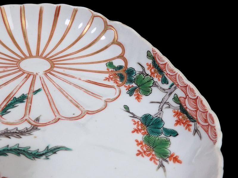 古伊万里　金襴手　陽刻　桐に鳳凰　菊の図　楕円長皿　F054AS-fbvo