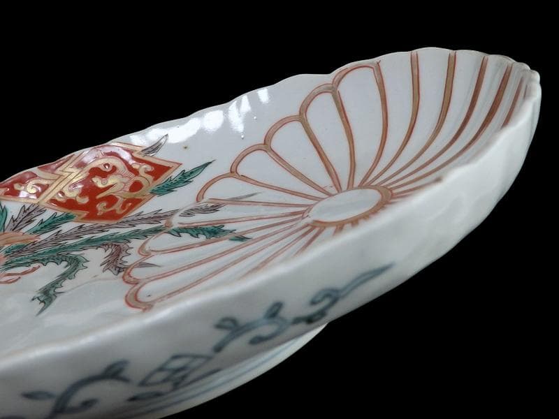 古伊万里　金襴手　陽刻　桐に鳳凰　菊の図　楕円長皿　F054AS-fbvo