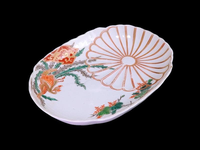 古伊万里　金襴手　陽刻　桐に鳳凰　菊の図　楕円長皿　F054AS-fbvo