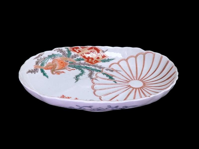 古伊万里　金襴手　陽刻　桐に鳳凰　菊の図　楕円長皿　F054AS-fbvo