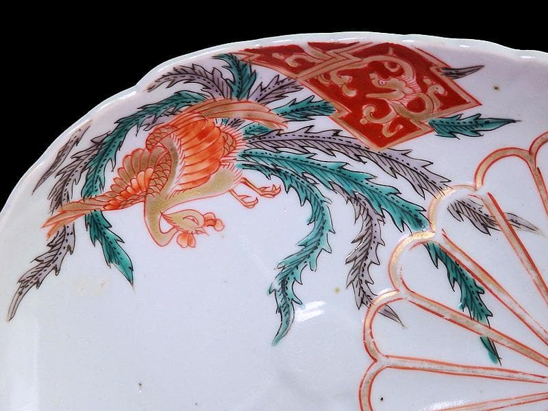 古伊万里　金襴手　陽刻　桐に鳳凰　菊の図　楕円長皿　F054AS-fbvo