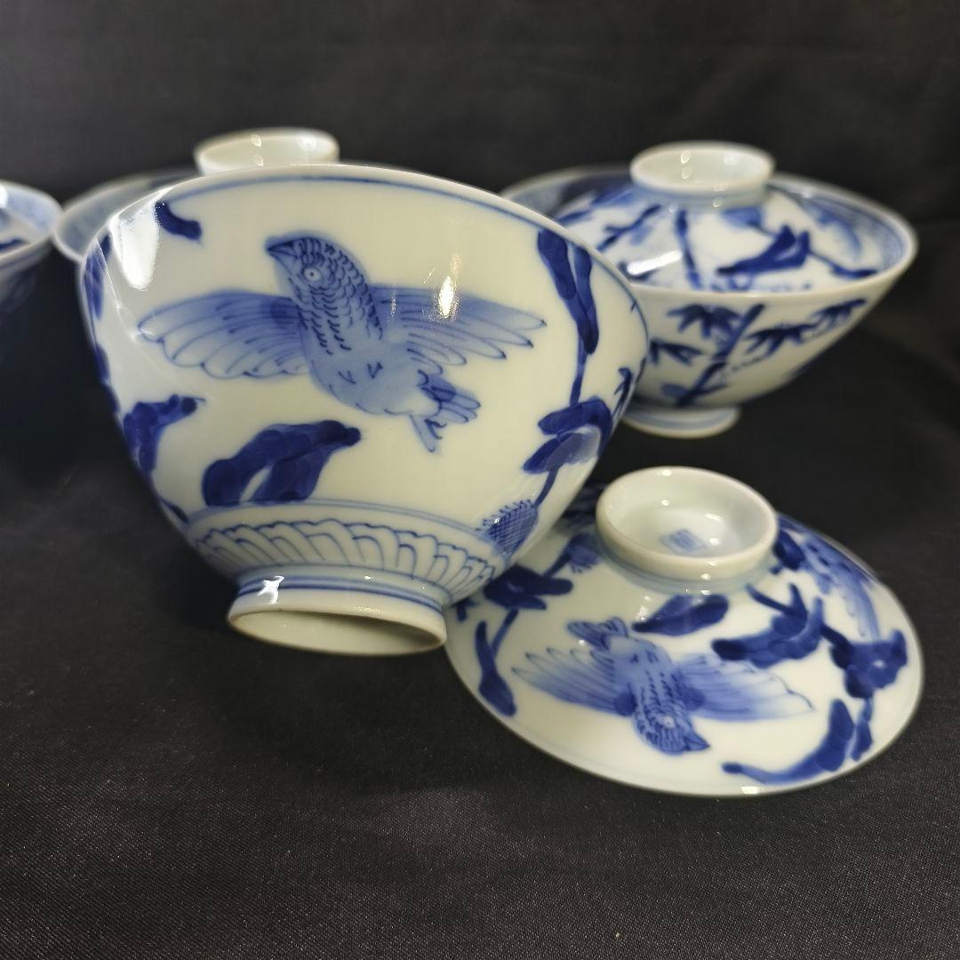 古伊万里 染付茶碗 蓋付き 鳥竹分 在銘 作家物 明治骨董 蒐集家放出未使用美品