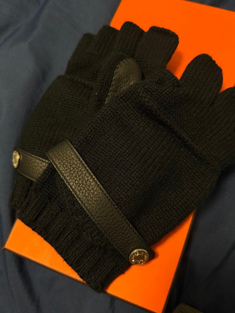 HERMES リオネル lionel カシミヤ ネイビー ニット レザー 手袋