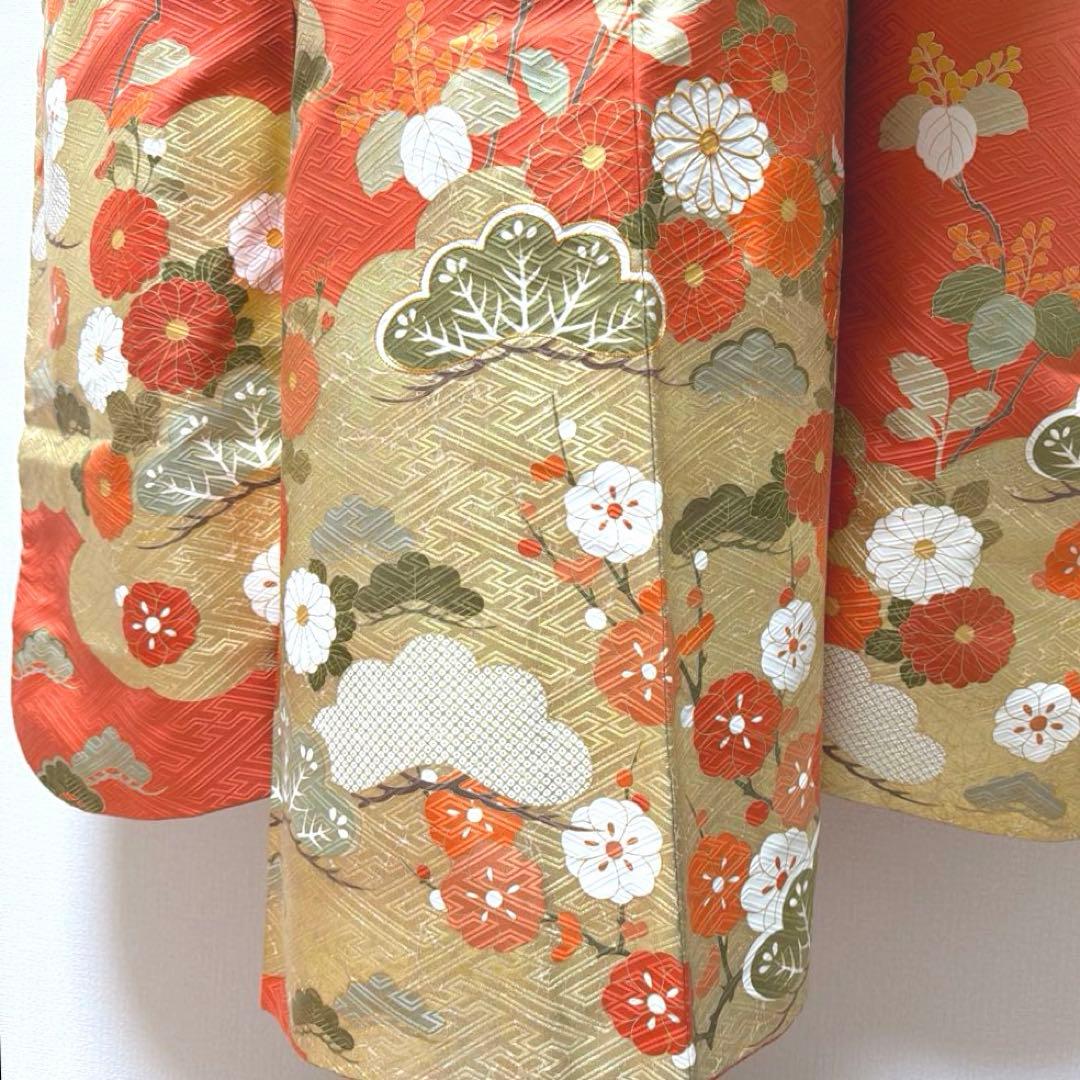 22 振袖フルセット 正絹 朱赤 橙 オレンジ 金彩 駒刺繍 豪華 レトロ 古典