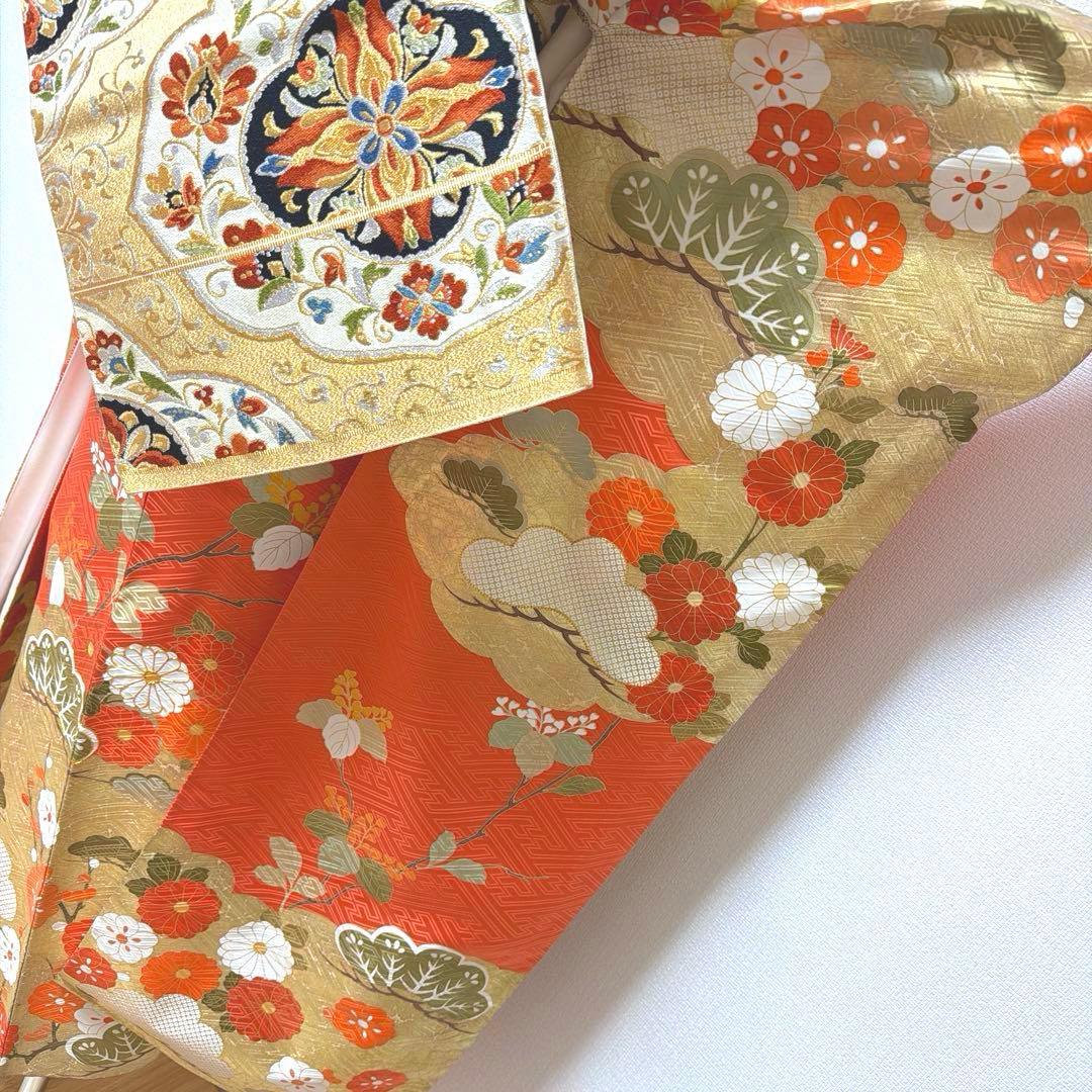 22 振袖フルセット 正絹 朱赤 橙 オレンジ 金彩 駒刺繍 豪華 レトロ 古典