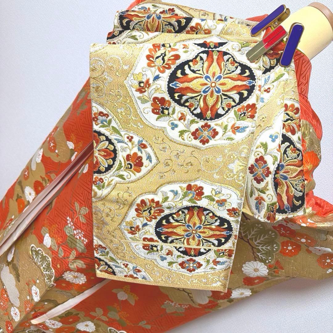 22 振袖フルセット 正絹 朱赤 橙 オレンジ 金彩 駒刺繍 豪華 レトロ 古典