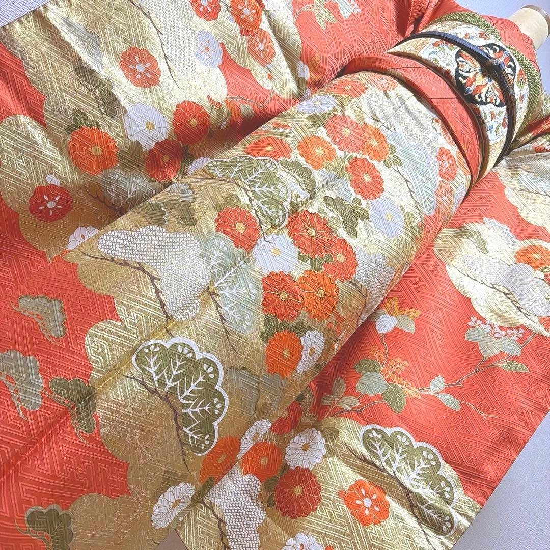 22 振袖フルセット 正絹 朱赤 橙 オレンジ 金彩 駒刺繍 豪華 レトロ 古典