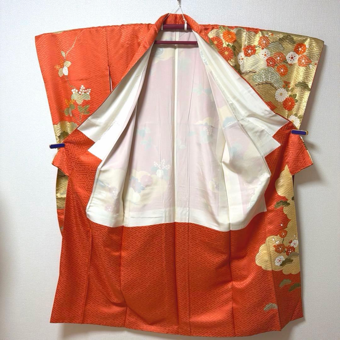 22 振袖フルセット 正絹 朱赤 橙 オレンジ 金彩 駒刺繍 豪華 レトロ 古典