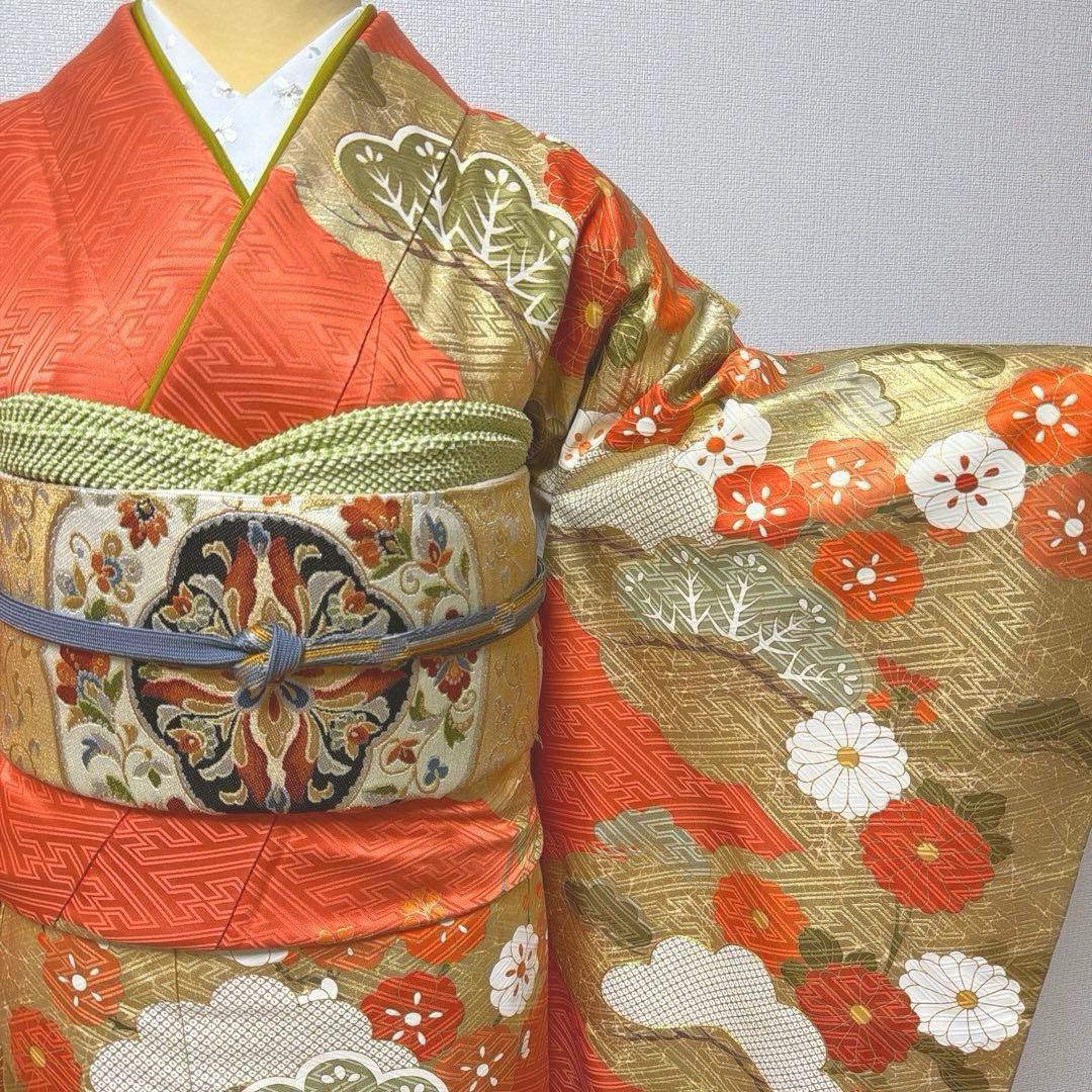 22 振袖フルセット 正絹 朱赤 橙 オレンジ 金彩 駒刺繍 豪華 レトロ 古典