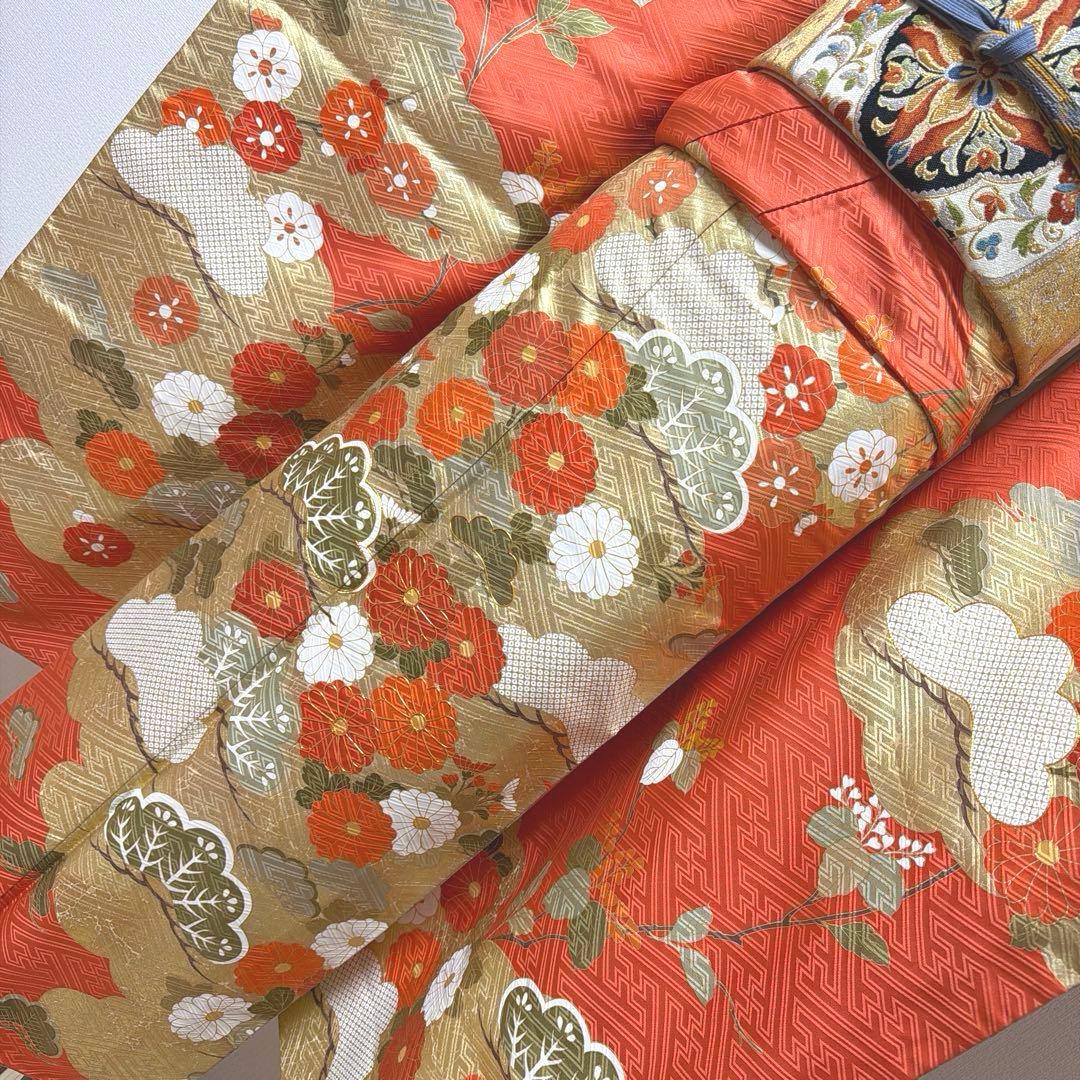 22 振袖フルセット 正絹 朱赤 橙 オレンジ 金彩 駒刺繍 豪華 レトロ 古典