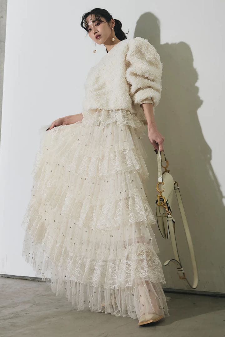【新品未使用】ANDREA&Co. ビジューレースチュールスカート　ベージュ