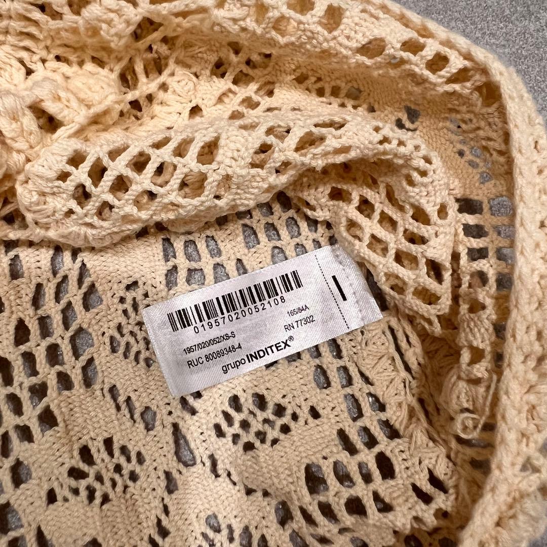 【美品】ZARA パッチワーク クロシェ ニット ポロ カーディガン ベージュ