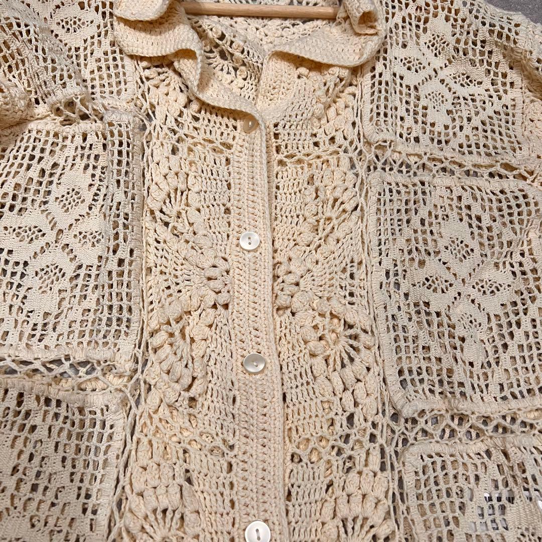 【美品】ZARA パッチワーク クロシェ ニット ポロ カーディガン ベージュ