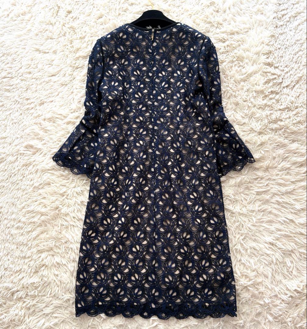 【美品✨】EPOCA 総レース ワンピース 袖フリル ドレス ネイビー 38 M