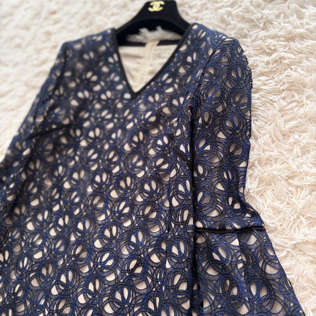 【美品✨】EPOCA 総レース ワンピース 袖フリル ドレス ネイビー 38 M