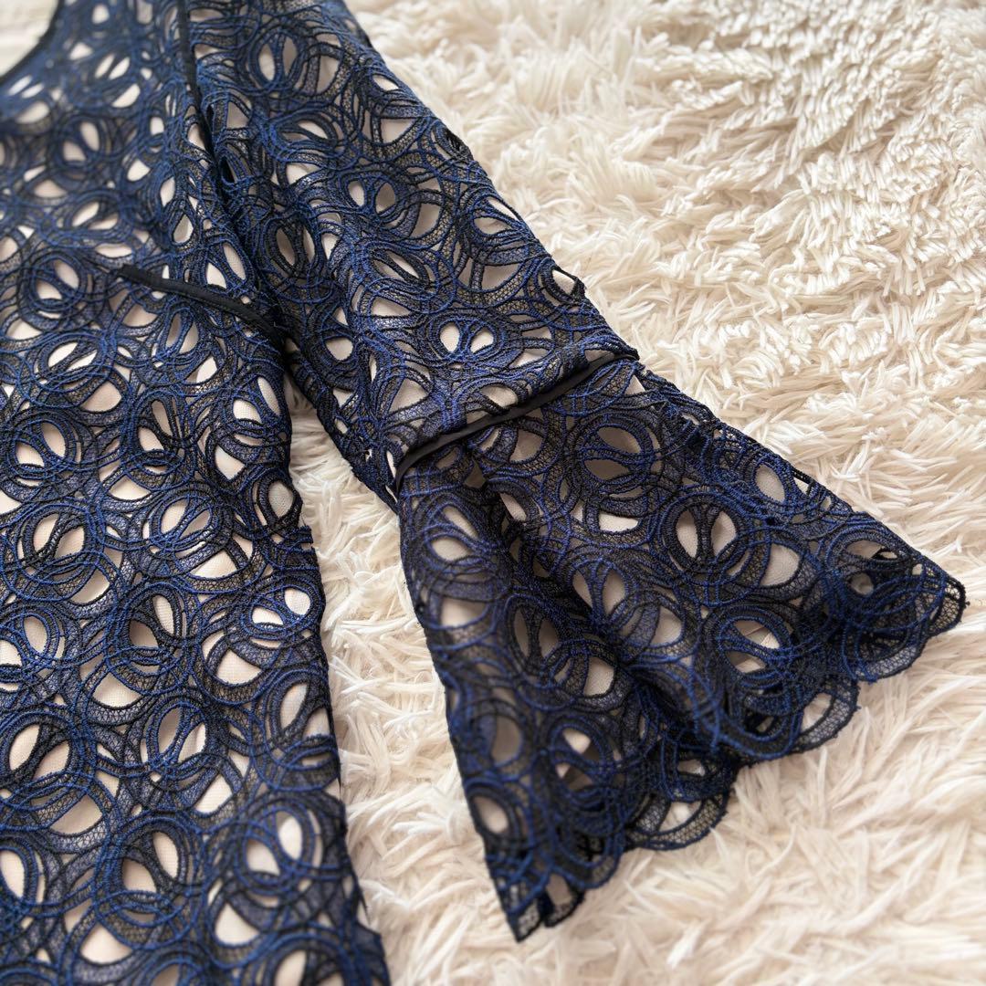 【美品✨】EPOCA 総レース ワンピース 袖フリル ドレス ネイビー 38 M