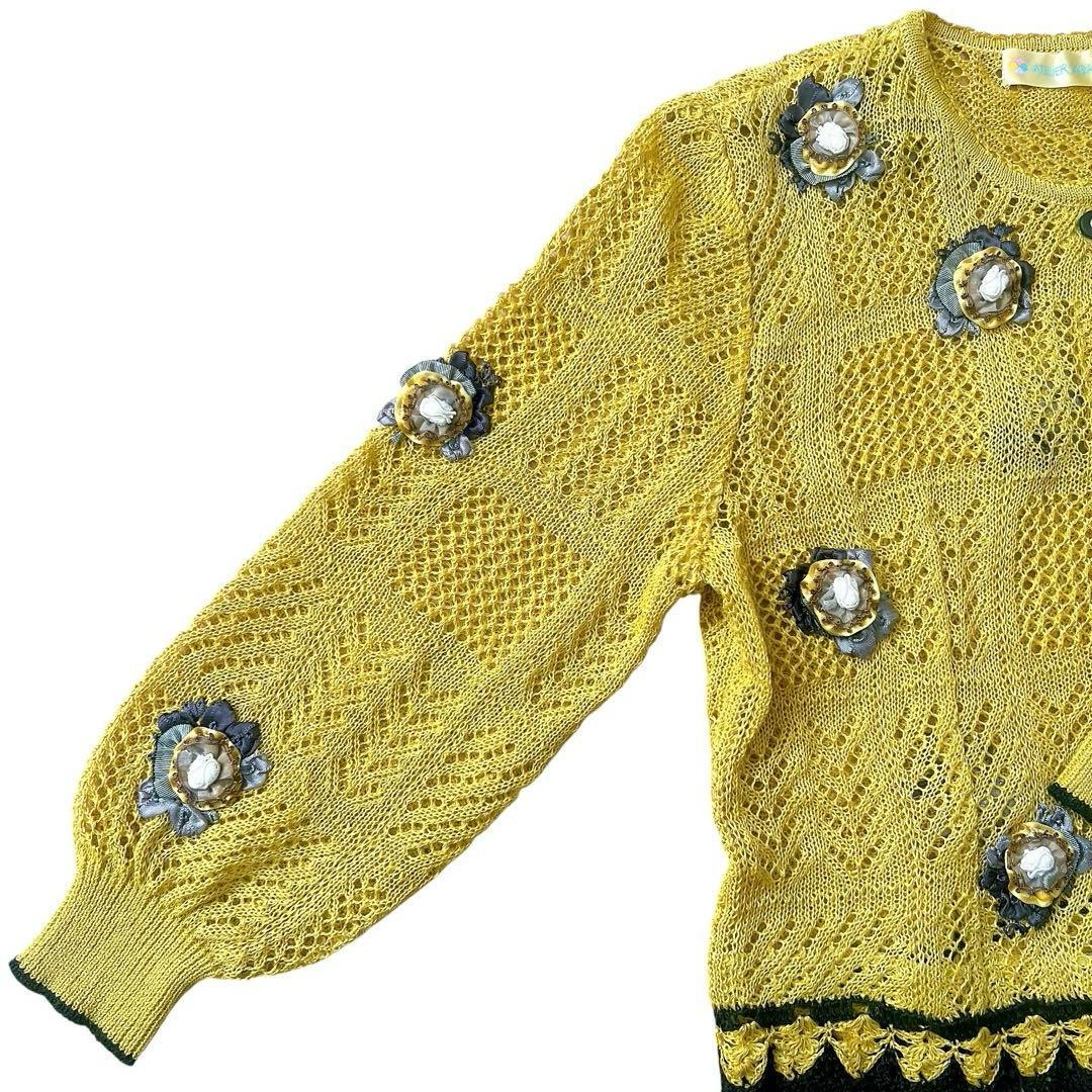 ATELIER SAGAN　リネンニットカーディガン　透かし編み　花モチーフ　M