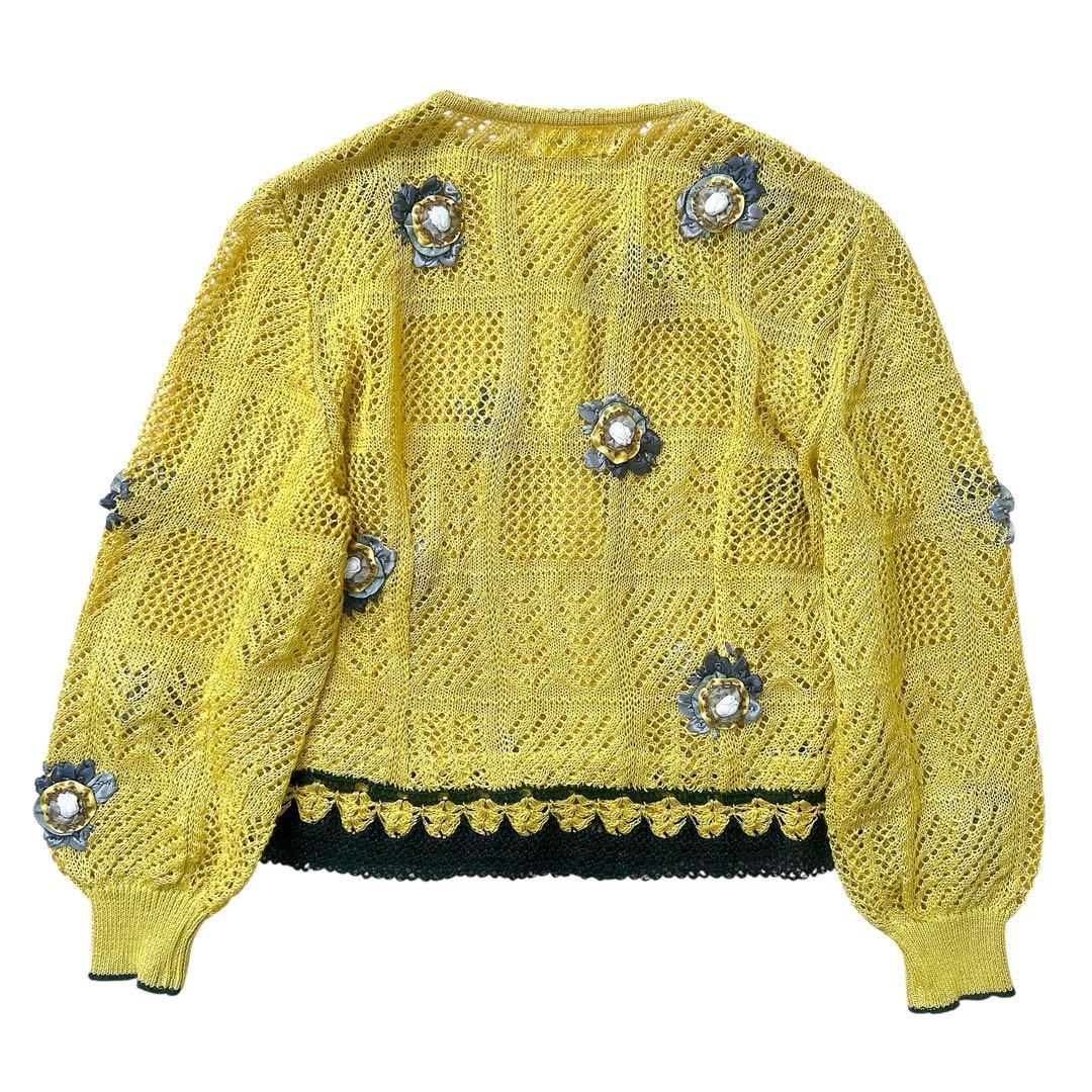 ATELIER SAGAN　リネンニットカーディガン　透かし編み　花モチーフ　M