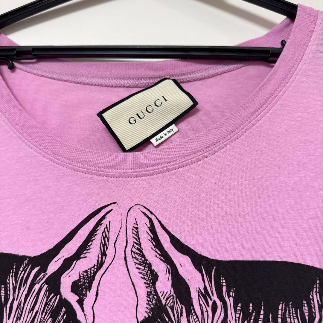 GUCCI 猫顔プリント 半袖Tシャツ ピンク