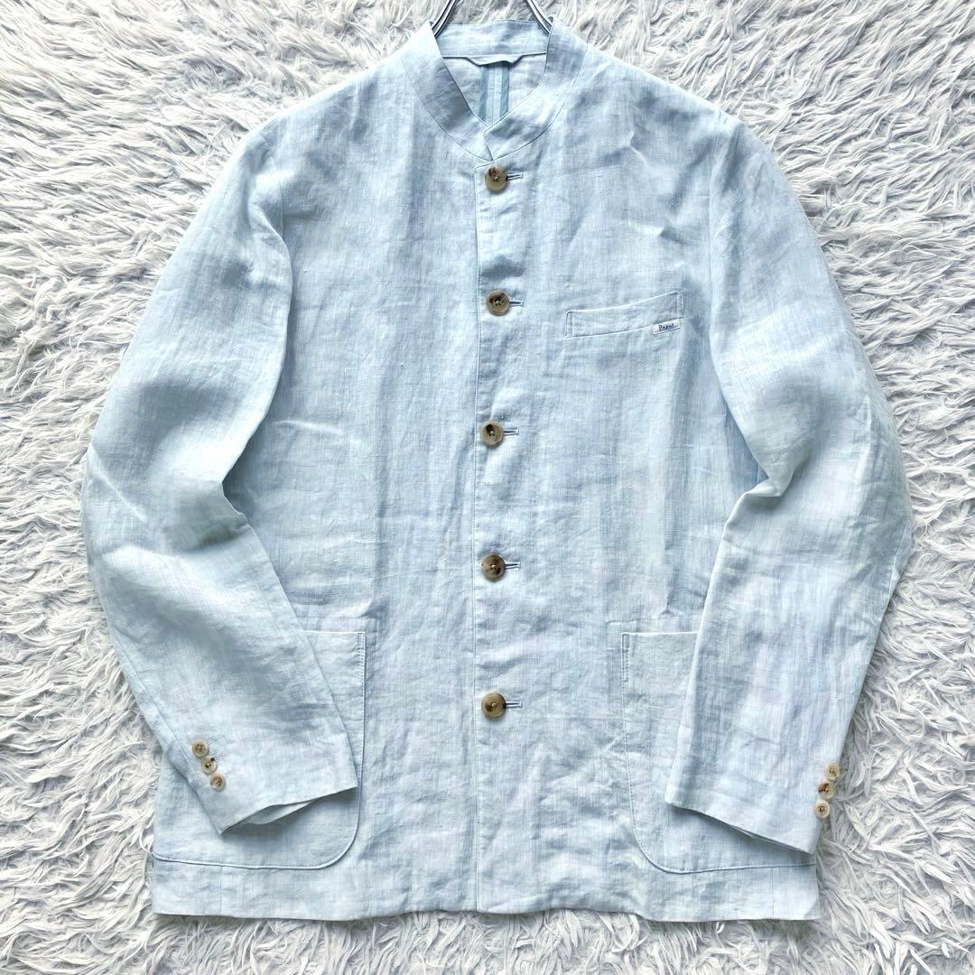 【近年モデル 美品 リネン100%】パパス　マオカラージャケット　ライトブルー