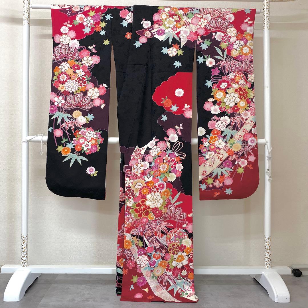 ⭐︎K0835 美品 正絹 振袖 レンタル店放出品 ガード加工 花熨斗黒 11号