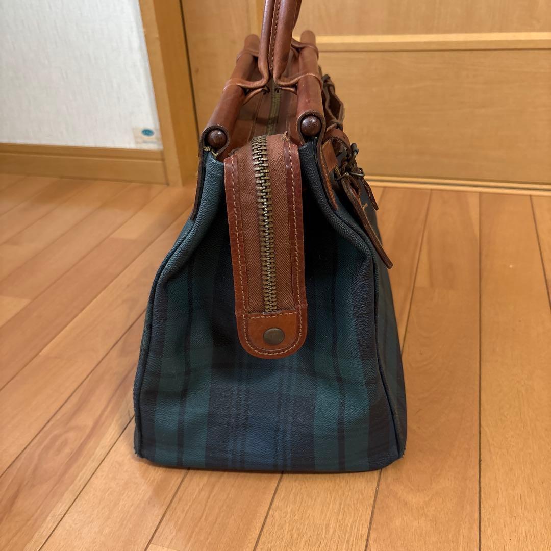 ボストンバッグ グリーン系チェック キャンバス・レザー