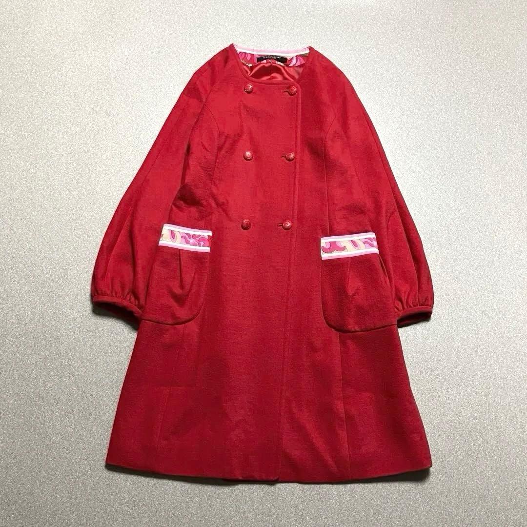 LEONARD ノーカラー ダブルブレスト ロングコート 花柄 赤 レオナール