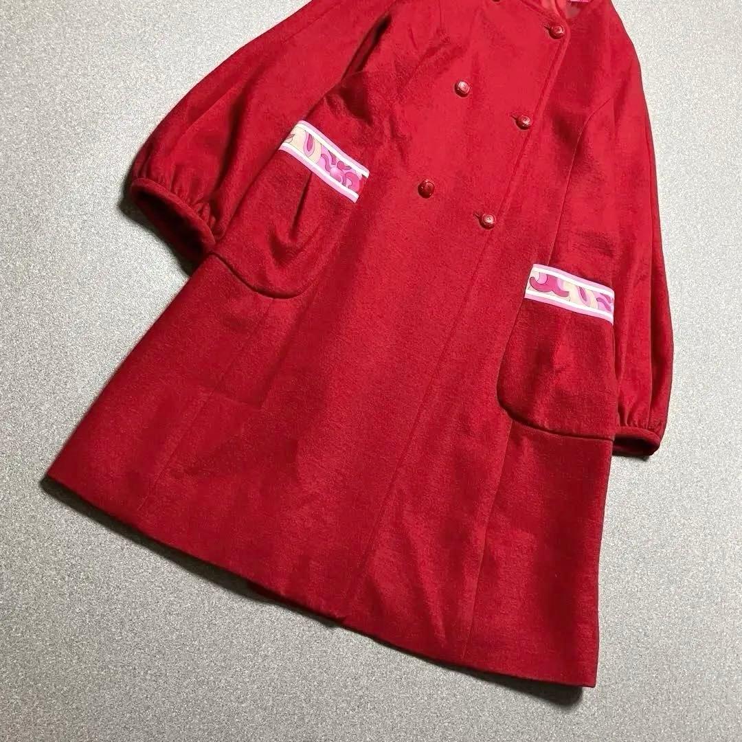 LEONARD ノーカラー ダブルブレスト ロングコート 花柄 赤 レオナール