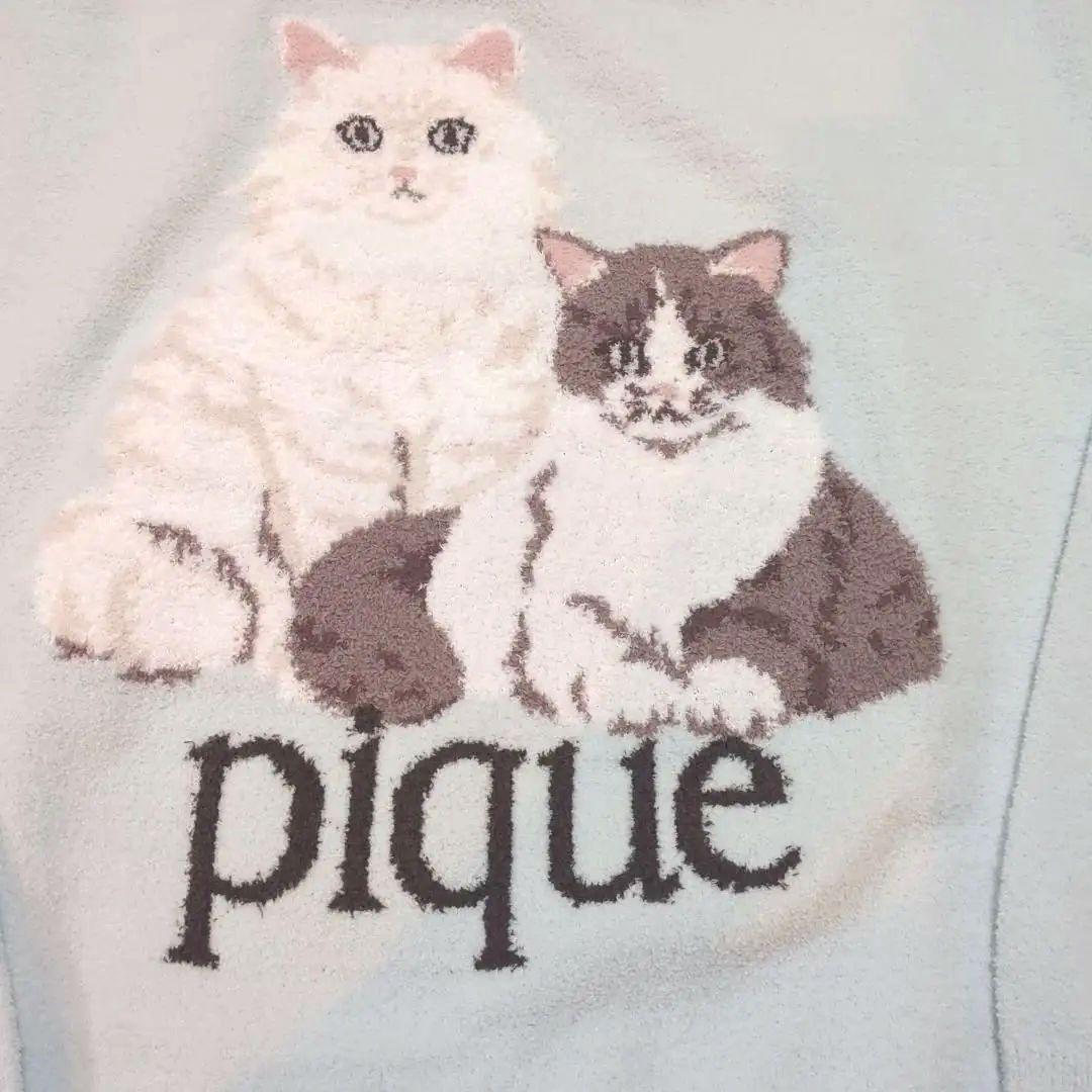 ジェラートピケ　水色　pique 猫柄　 クルーネックルームウェア　新作