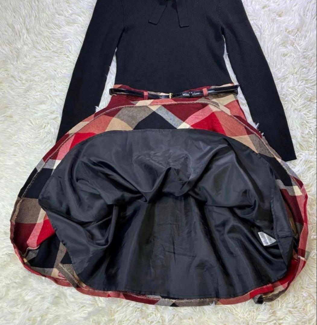 美品 ブルーレーベルクレストブリッジ ドッキングワンピース チェック 赤 リボン