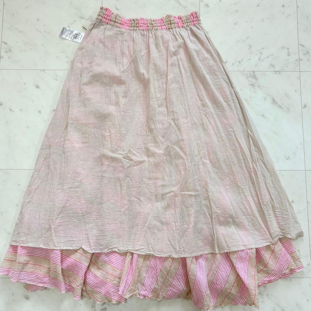 極美品✨ヌキテパ　ストライプフレアスカート　ピンク　ストライプ　ギャザー　フレア