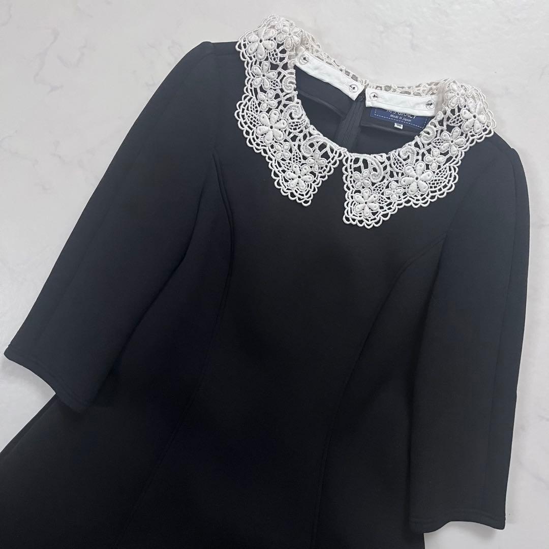 エムズグレイシー　レース白襟　ワンピース　ボンディング生地　ブラック　38
