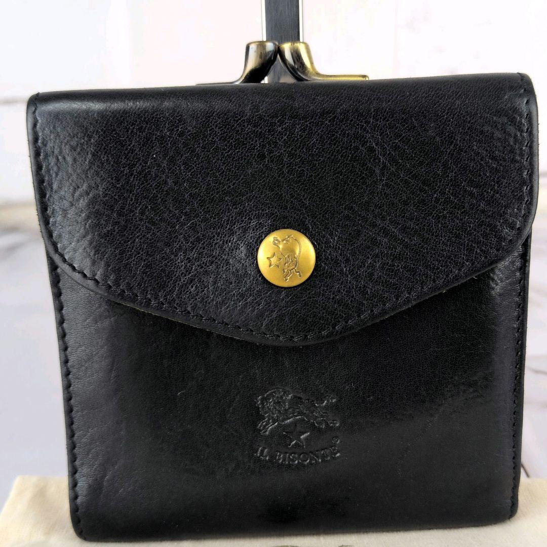 【美品】イルビゾンテ☆がま口　ロゴ刻印　二つ折り　財布　ブラック　袋付き