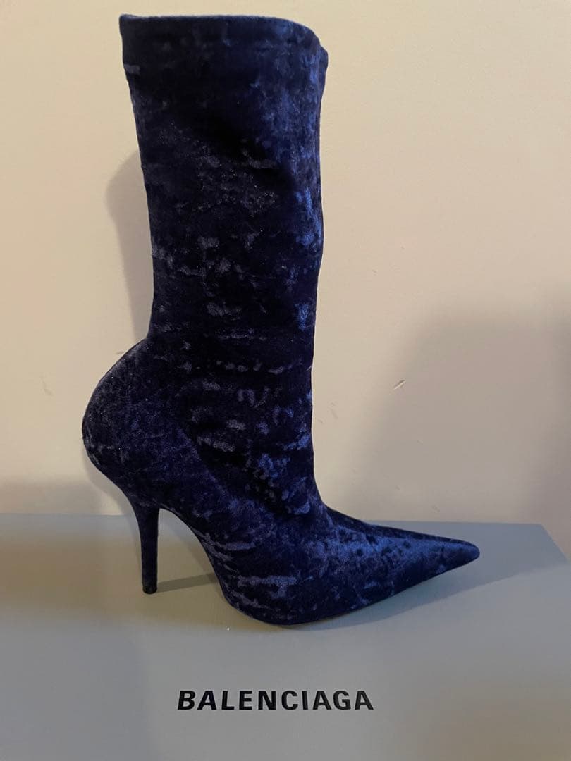 BALENCIAGA バレンシアガ　ネイビー ベルベット ブーティ