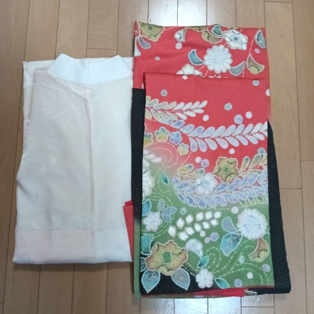 正絹　振袖　長襦袢　辻が花　朱　緑　黒　ラメ