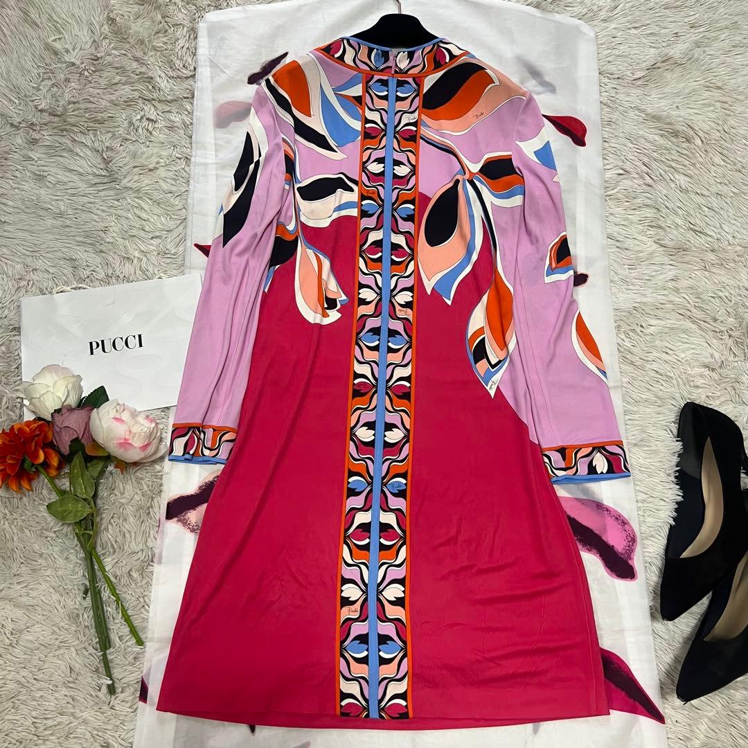 【美品】EMILIO PUCCI 膝丈ワンピース ピンク プッチ柄 長袖