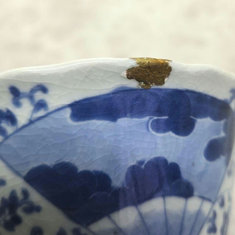 古伊万里　染付　花唐草　扇面　向付　金継ぎ　江戸時代　アンティーク　骨董