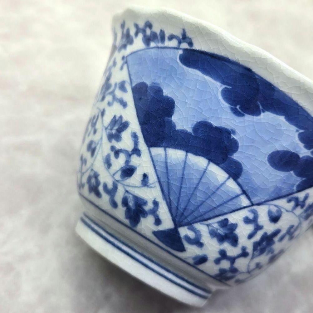 古伊万里　染付　花唐草　扇面　向付　金継ぎ　江戸時代　アンティーク　骨董