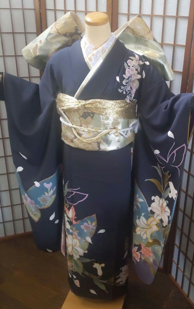 479 濃紺　金銀　百合蝶　正絹振袖6点フルセット成人式卒業式謝恩会結婚式