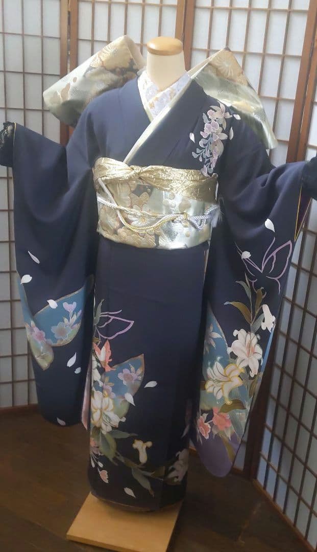 479 濃紺　金銀　百合蝶　正絹振袖6点フルセット成人式卒業式謝恩会結婚式