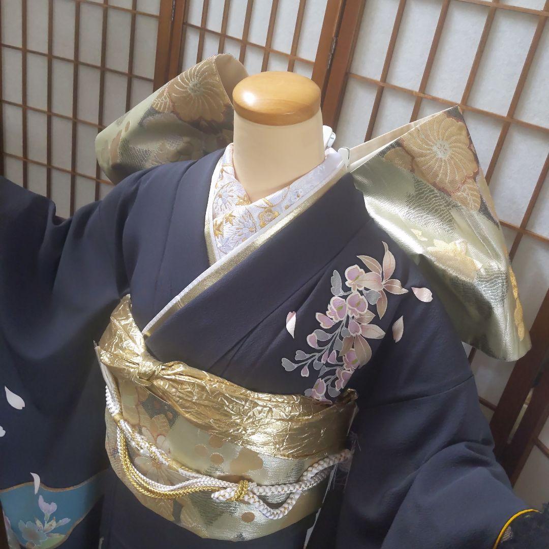 479 濃紺　金銀　百合蝶　正絹振袖6点フルセット成人式卒業式謝恩会結婚式