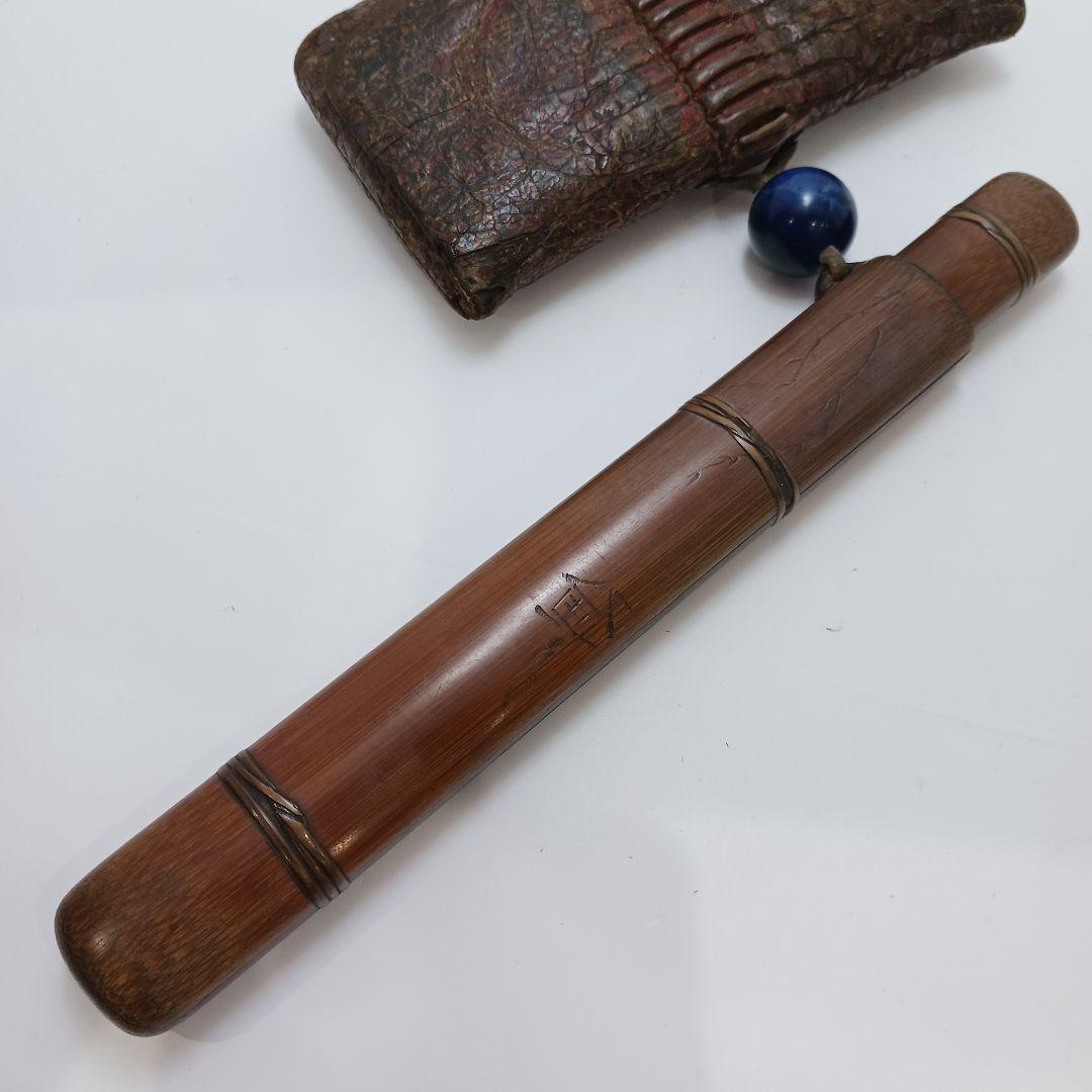 専用Y2978-1 時代物 象嵌金具 竹製 煙管筒 煙草入 キセル筒 ラピス